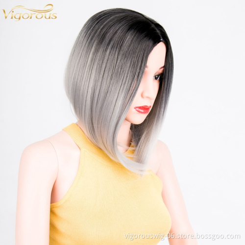 High quality wholesale premium vendor ombre silver short straight wavy hair synthetic heat resistant wig lace front black women